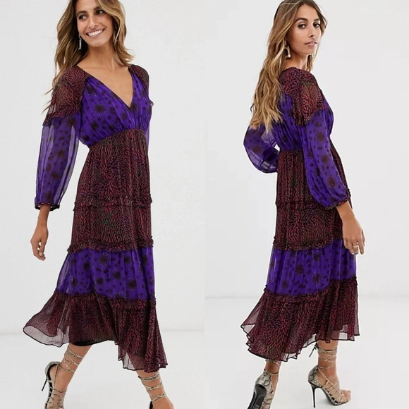 New BA&SH Gypsie Tiered Printed Crepe Midi Dress Purple Violet NWT Bohemian 4 - Picture 3 of 15
